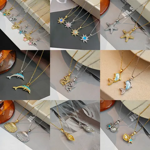 Ocean Series Stainless Steel Necklace For Women Exquisite Dolphin Starfish Shell Sunburst Zirconia Pendant Necklace Fashion Jewelry