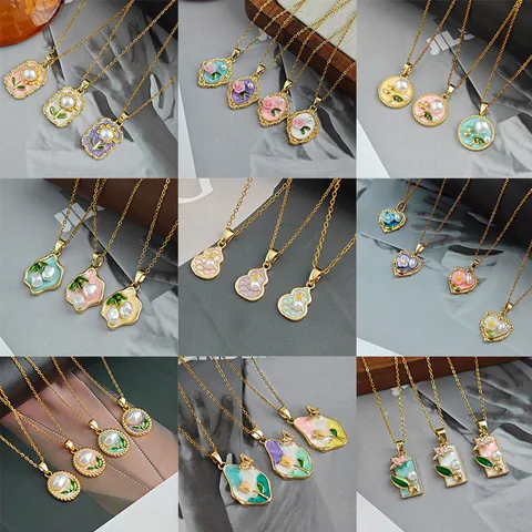 Vintage Stainless Steel Floral Enamel Pendant Necklace Gold Plated Flower Heart Gourd Artificial Pearl Necklace For Women Jewelry