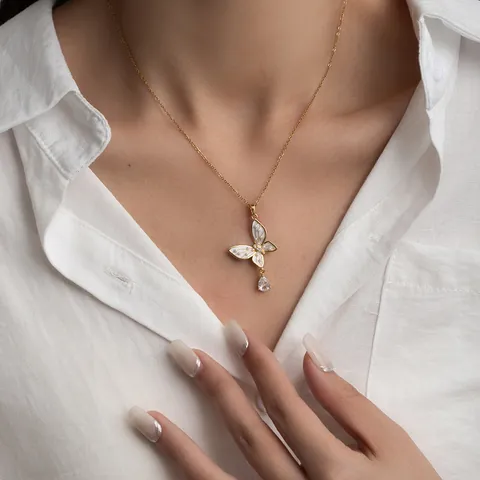 Elegant Butterfly Pendant Necklace With Pear Shaped Zirconia Drop Titanium Steel Enamel Clavicle Chain For Women Jewelry
