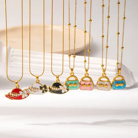 Fashion Stainless Steel Creative Hat Handbag Pendant Necklace For Women Elegant Enamel Rhinestone Artificial Pearl Jewelry