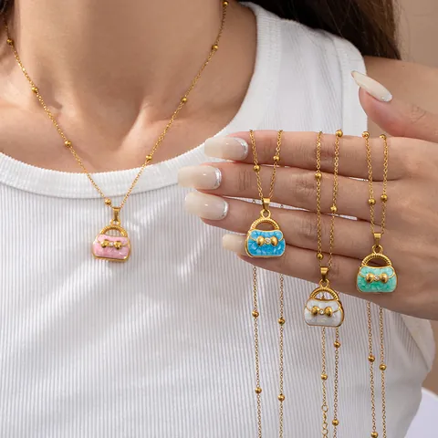 Fashion Stainless Steel Creative Hat Handbag Pendant Necklace For Women Elegant Enamel Rhinestone Artificial Pearl Jewelry