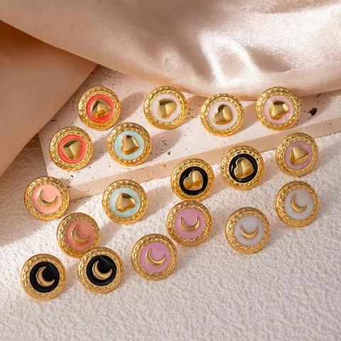 Vintage French Stainless Steel Enamel Round Stud Earrings With Resin Post Heart Crescent Moon Gold Plated Women Jewelry