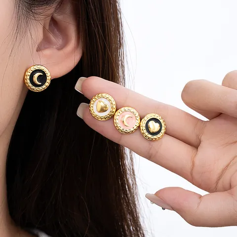 Vintage French Stainless Steel Enamel Round Stud Earrings With Resin Post Heart Crescent Moon Gold Plated Women Jewelry