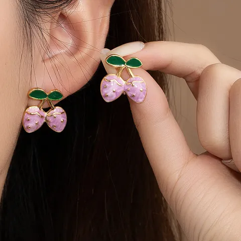 Boucles d'Oreilles Clous en Acier Inoxydable Fruits Fraise Cerise pour Femmes Doux Mignon Émail Rose Bijoux de Mode