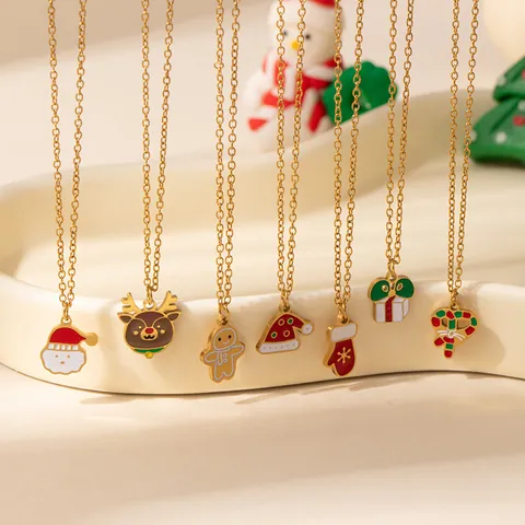 Christmas Theme Titanium Steel Necklace Enamel Reindeer Santa Claus Gingerbread Man Pendant Gold Chain Holiday Jewelry For Women