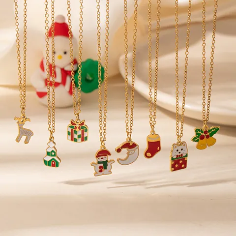 Roestvrij Staal Kerstmis Hanger Halsketting Vrouwen Goud Emaille Rendier Sneeuwpop Kerstman Maan Geschenkdoos Sokken Sieraden