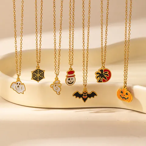 Halloween Edelstahl Emaille Anhänger Halskette Goldkette Kürbis Geist Fledermaus Spinnennetz Festlicher Schmuck Für Damen