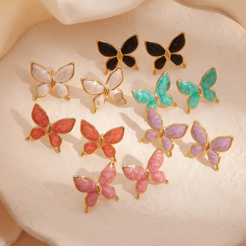 Boucles d'Oreilles Clous Papillon Acier Inoxydable Goutte d'Huile Motif Marbre Bord Doré Bijoux Mode Élégants Femme