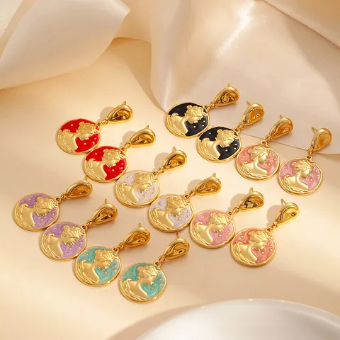 Französische Retro Königin Kamee Porträt Ohrstecker Edelstahl Emaille Öltropfen Runde Münze Ohrringe Für Damen Schmuck