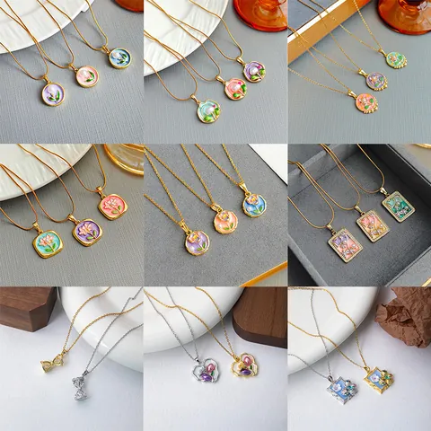 Enamel Flower Butterfly Pendant Necklace Stainless Steel French Retro Oil Painting Floral Artificial Pearl Jewelry For Women