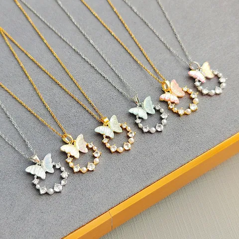 Enamel Flower Butterfly Pendant Necklace Stainless Steel French Retro Oil Painting Floral Artificial Pearl Jewelry For Women
