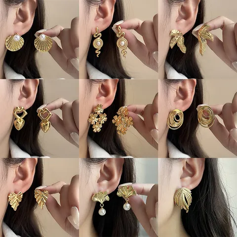 Edelstahl Perle Herz Ohrringe Für Damen Mode Geometrisch Blatt Blume Schlange Stecker Schmuck Kein Anlaufen Accessoire