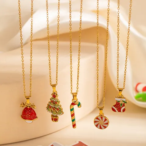 Collier de Noël en Acier Inoxydable Émail pour Femmes Festif Sucre d'Orge Sapin de Noël Chaussette Pendentif Bijoux en Or