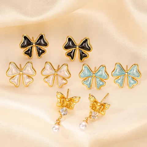 Orecchini a Bottone a Fiocco in Acciaio Inossidabile Placcato Oro 18K Vintage Francese per Donna Orecchini a Fiocco in Smalto