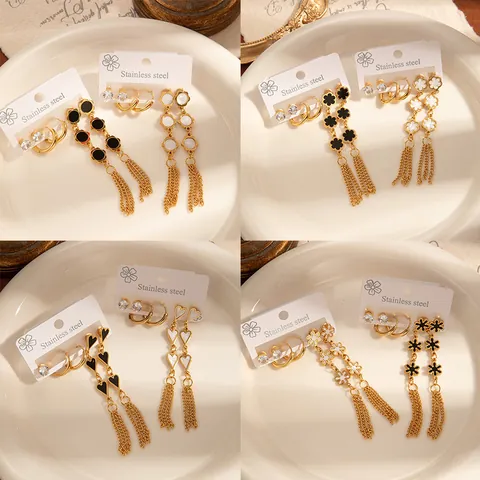 Ensemble Boucles d'Oreilles en Acier Inoxydable Cœur Papillon Perle Long Gland Strass Créoles Clous Femme Bijoux