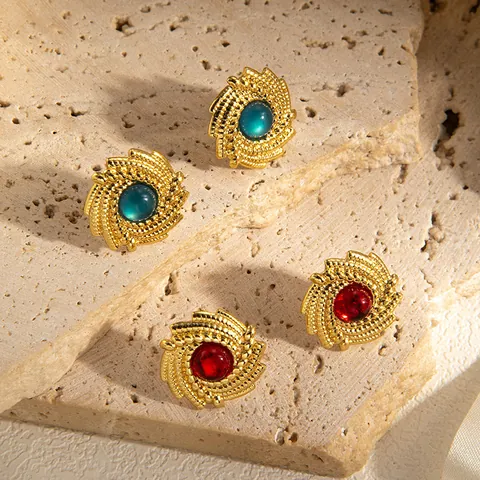 Stainless Steel Stud Earrings Gold Plated Spiral Texture Vintage Faux Turquoise Artificial Pearl Gemstone Jewelry For Women