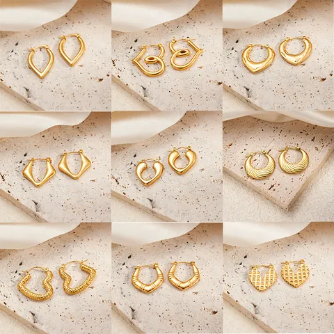 Women's Stainless Steel Gold Heart Earrings Geometric Textured Hoop Stud Earrings Fashion Minimalist Jewelry Gift