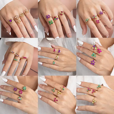 Adjustable Stainless Steel Butterfly Flower Zircon Open Ring For Women Gold Plated Multi Color Rhinestone Fashion Jewelry