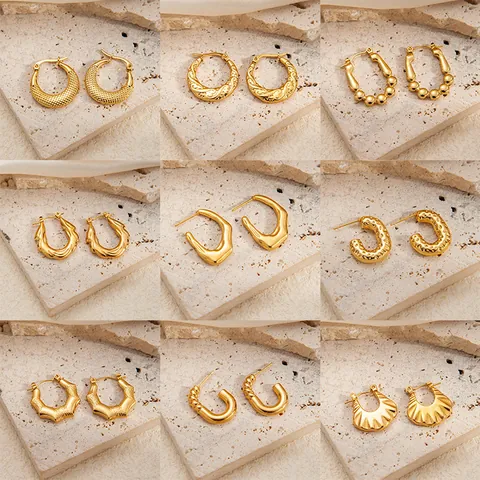 Stainless Steel Geometric Hoop Earrings For Women Gold Plated Heart Star Twist Textured Fashion Jewelry Stud Accessory