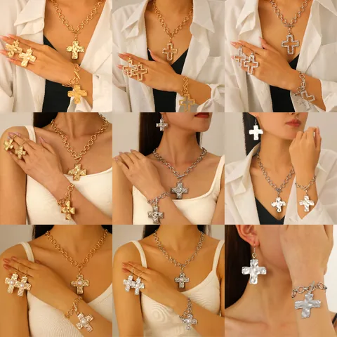 Vintage Zinklegierung Kreuz Schmuck Für Damen Punk Strass Künstliche Perle Halskette Armband Ohrstecker