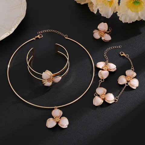 Fashion Iron Floral Enamel Jewelry For Women With Necklace Bangle Bracelet Ring Earrings Three Petal Flower Accessory Jewelry