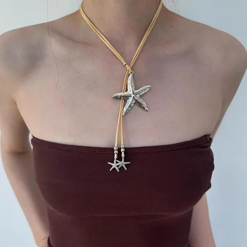 Bohemian Vintage Starfish Pendant Necklace Retro Zinc Alloy Distressed Jewelry Beige PU Leather Cord For Women Beach Vacation Summer Accessory