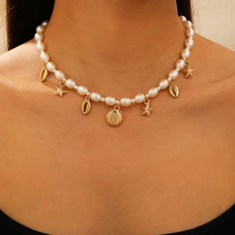 Collier Pendentif Étoile de Mer Conque Coquillage Océan Bohème pour Femme Ajustable Été Plage Vacances Perle Artificielle Bijoux en Alliage