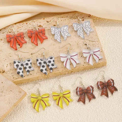 Sporty Acrylic Bow Drop Earrings Basketball Soccer Baseball Football Pattern For Women Girls Sports Fan Jewelry Gift
