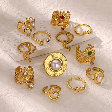 Vintage Stainless Steel Imitation Pearl Heart Sunflower Snake Open Ring Gold Plated French Elegant Adjustable Jewelry Women Finger Ring