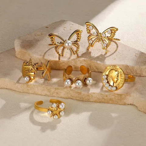 French Vintage Stainless Steel Faux Artificial Pearl Butterfly Coin Starfish Open Adjustable Rings Gold Plated Elegant Jewelry Women