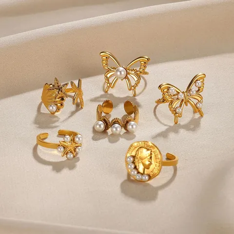 French Vintage Stainless Steel Faux Artificial Pearl Butterfly Coin Starfish Open Adjustable Rings Gold Plated Elegant Jewelry Women