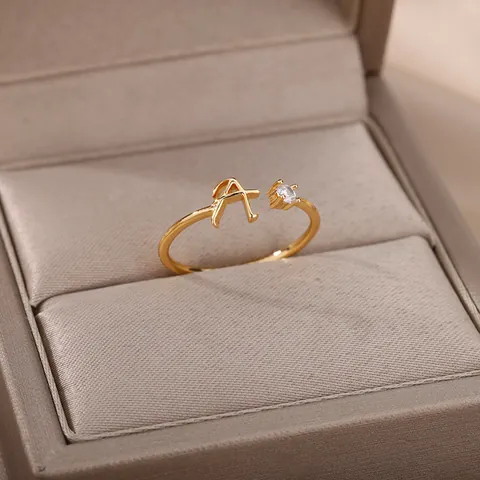 Minimalist Copper Zircon Initial Letter Open Ring Adjustable Gold Silver Plated Fashion Finger Ring For Women Jewelry Gift