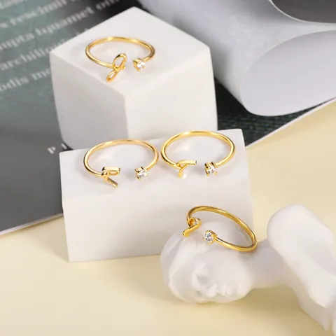 Minimalist Copper Zircon Initial Letter Open Ring Adjustable Gold Silver Plated Fashion Finger Ring For Women Jewelry Gift