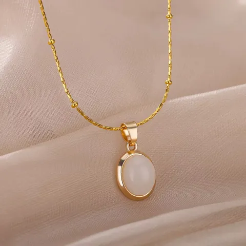 Vintage Stainless Steel Gold Plated Satellite Chain Necklace For Women Oval Cat Eye Moonstone Gemstone Pendant Choker Jewelry