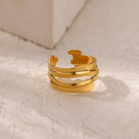 Minimalist Stainless Steel Open Ring 18K Gold Plated Irregular Geometric Wavy Line Adjustable Finger Ring For Unisex