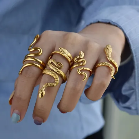 Retro Schlangenring Vergoldet Edelstahl Verstellbar Offener Wickelring Schuppentextur Hip Hop Gothic Schmuck Für Damen