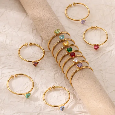 Stainless Steel Heart Birthstone Ring 18K Gold Plated Adjustable Open Zircon Ring For Women 12 Colors Fashion Jewelry Gift