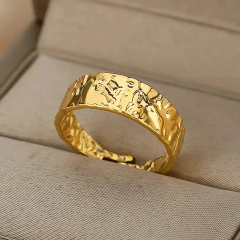Stainless Steel Open Rings For Women Minimalist Geometric Hammered Texture Adjustable Finger Ring Gold Silver Plated Jewelry