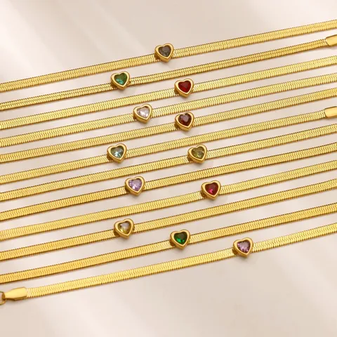 Minimalist Stainless Steel Heart Birthstone Bracelet For Women Gold Plated Snake Chain Rhinestone Adjustable Bracelet Trendy Jewelry Gift