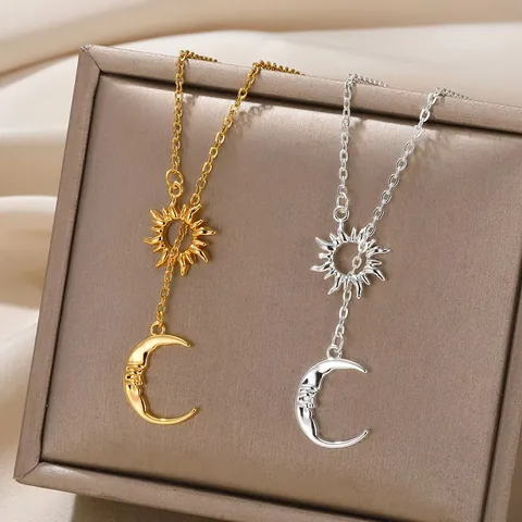 Stainless Steel Sun Moon Pendant Necklace Gold Silver Plated Celestial Face Coin Sunflower Heart Y Necklace Women Jewelry