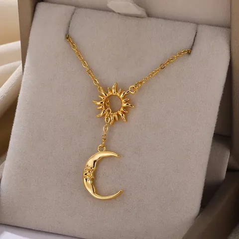 Stainless Steel Sun Moon Pendant Necklace Gold Silver Plated Celestial Face Coin Sunflower Heart Y Necklace Women Jewelry
