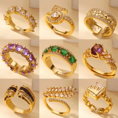 Vintage Copper Open Ring For Women Colorful Zircon Inlaid Adjustable Palace Style Finger Jewelry Banquet Accessories