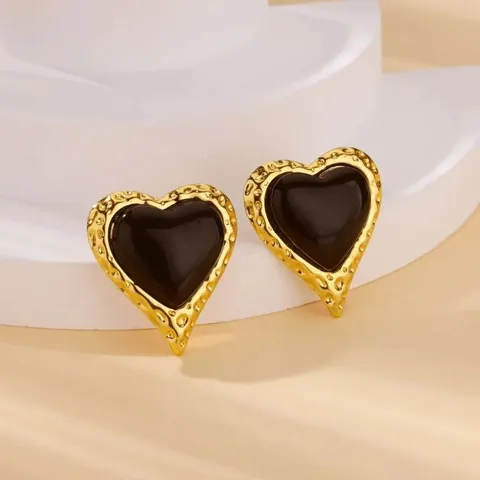 Vintage Hartvormige 304 Roestvrijstalen Oorknopjes Voor Vrouwen Retro Gehamerd Gouden Rand Kattenoogsteen Hart Oorbellen Sieraden