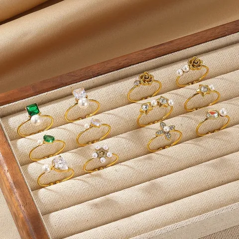 Anillo Abierto Ajustable de Flor de Rosa Vintage para Mujer Acero Inoxidable Chapado en Oro Perla Artificial Imitación Circonita