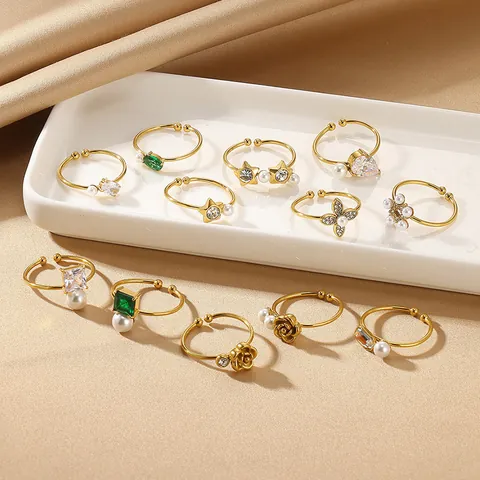 Anillo Abierto Ajustable de Flor de Rosa Vintage para Mujer Acero Inoxidable Chapado en Oro Perla Artificial Imitación Circonita
