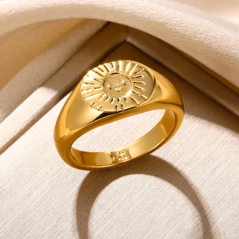 18K Gold Plated Sun Smiling Face Signet Ring For Women Minimalist Ins Style Personality Finger Ring