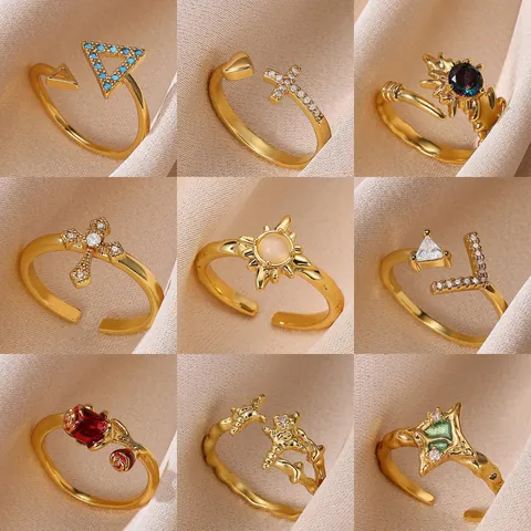 Geometric Zirconia Triangle Cross Rose Heart Sun Adjustable Open Copper Rings For Women Fashion Luxury Jewelry Finger Rings