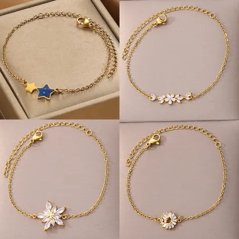 Stainless Steel Zirconia Flower Star Cross Pendant Bracelet For Women Gold Silver Plated Adjustable Fashion Jewelry Hand Chain