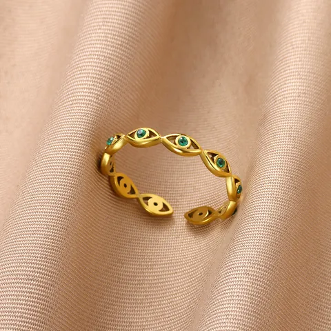 Stainless Steel Evil Eye Open Ring For Women Vintage Bohemian Adjustable Gold Plated Zirconia Inlaid Finger Ring Jewelry