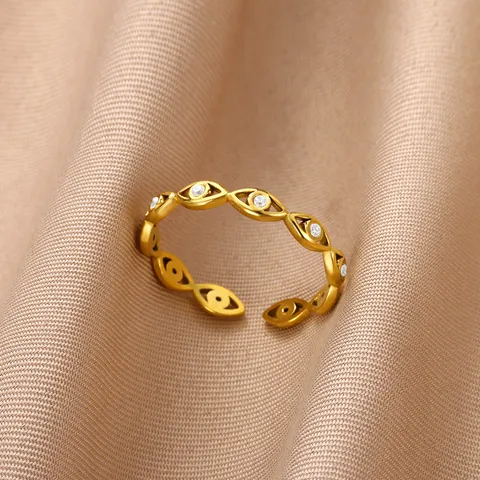 Stainless Steel Evil Eye Open Ring For Women Vintage Bohemian Adjustable Gold Plated Zirconia Inlaid Finger Ring Jewelry